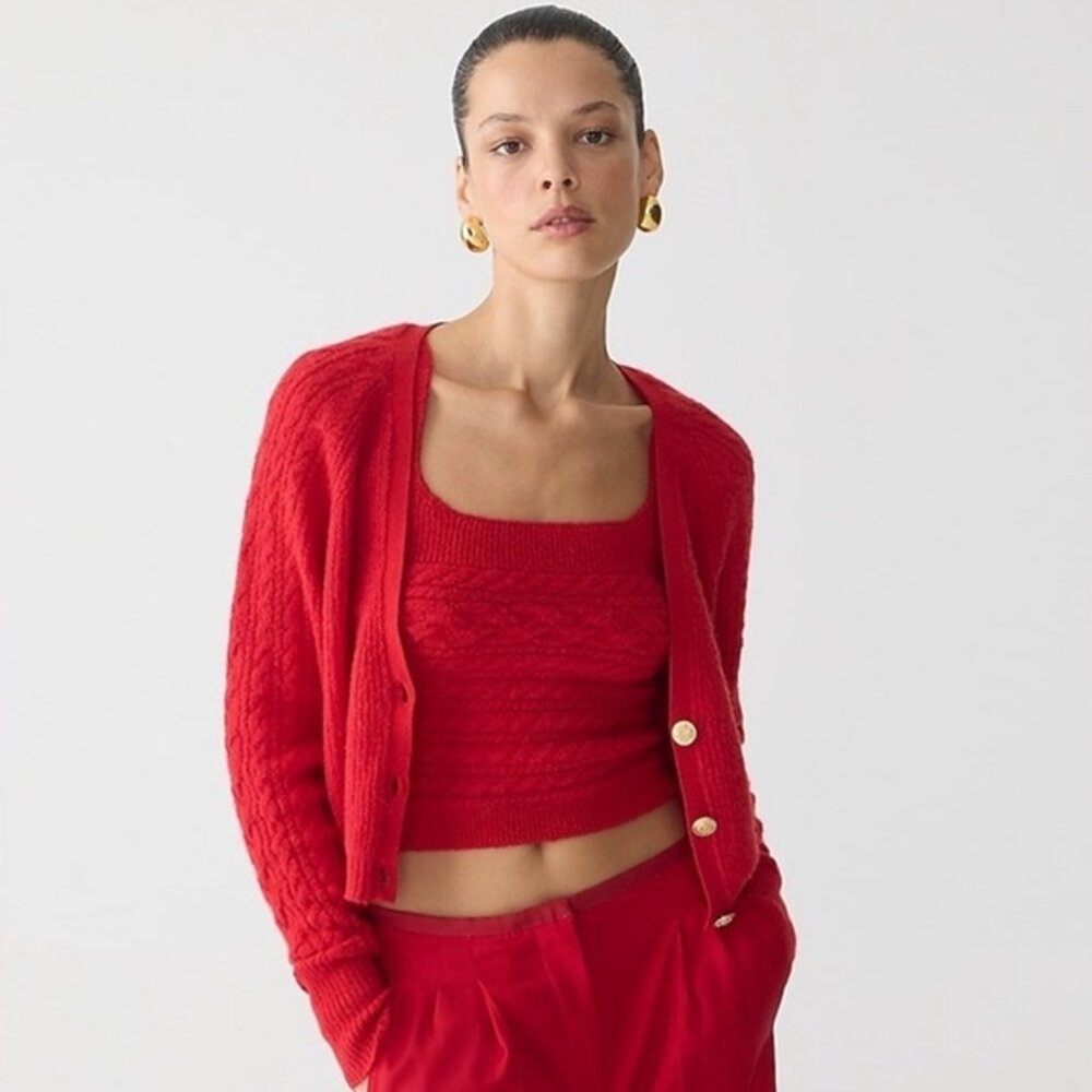 J. Crew Supersoft Cropped Cable Knit Sweater Tank Set in Cherry Red medium